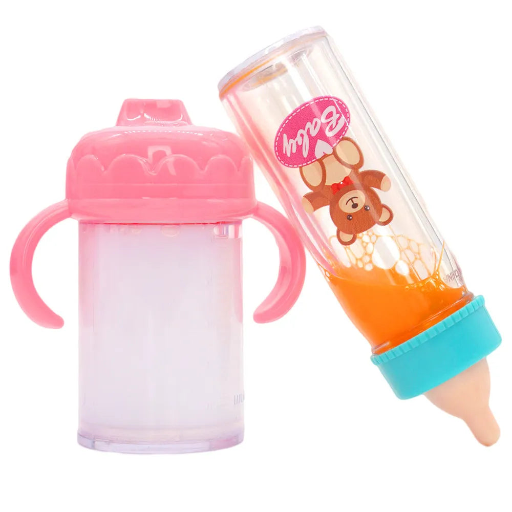 Magic bottle nipple doll toy accessory set in plastic for 14-18 inch dolls, available in pony pink or bear blue combination.