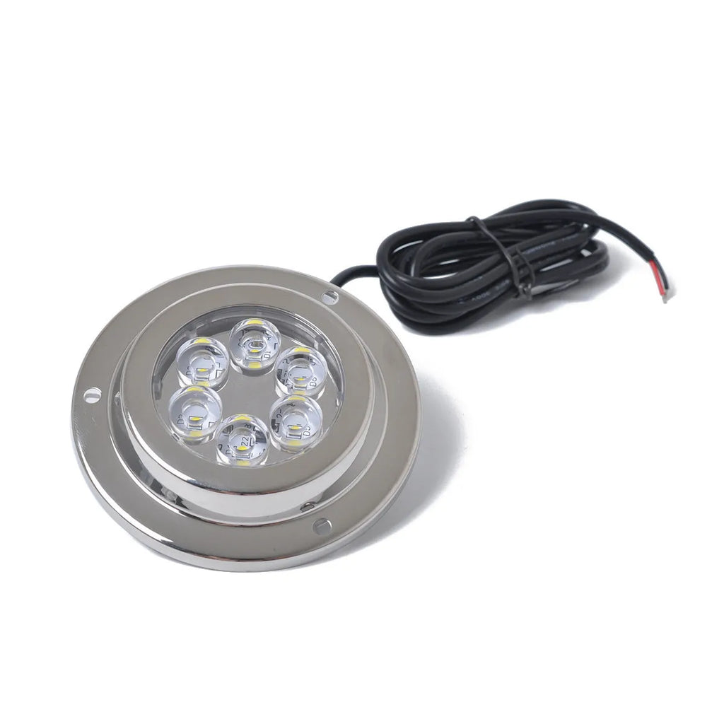 Stainless steel underwater light for yacht, 12V DC, 6 x 3W white LEDs, IP68, 92.8mm diameter.