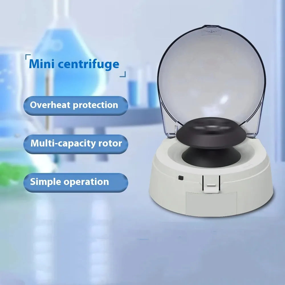 Compact white mini laboratory centrifuge on a bench-top with display showing 7000 rpm.