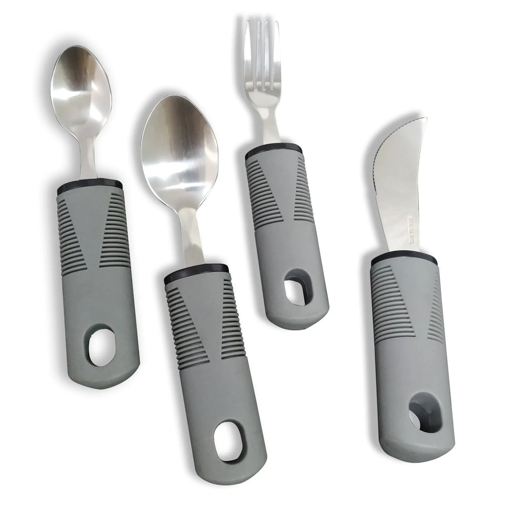 Stainless steel adaptive eating utensils with rubber anti-shock handles for elderly dining assistance