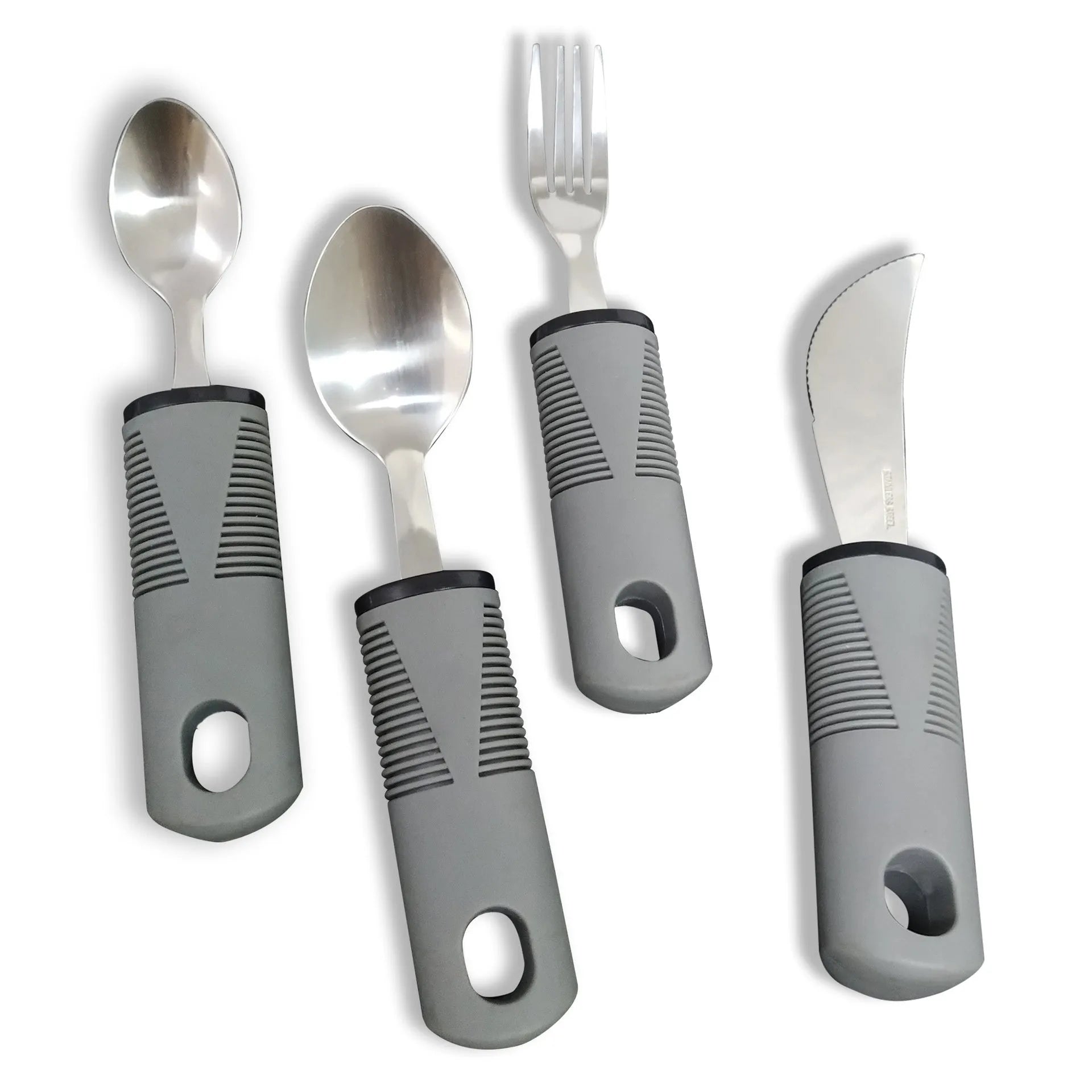 Stainless steel adaptive eating utensils with rubber anti-shock handles for elderly dining assistance