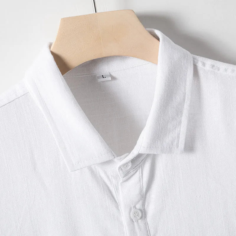 Men's loose-fit linen T-shirt with lapel collar in black, short sleeves, hemp blend fabric