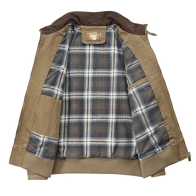 Men's plus size washed cotton baseball flight jacket in Army Green colour, showing front design.