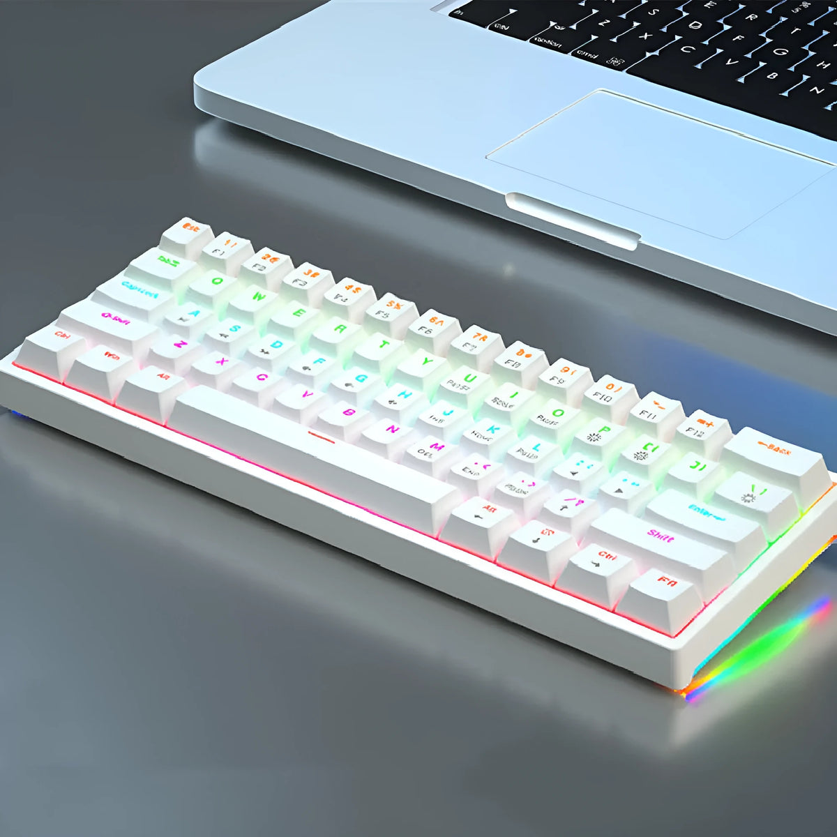 Bluish black 61-key compact mechanical keyboard with hot-swappable sockets and coloured keycaps.