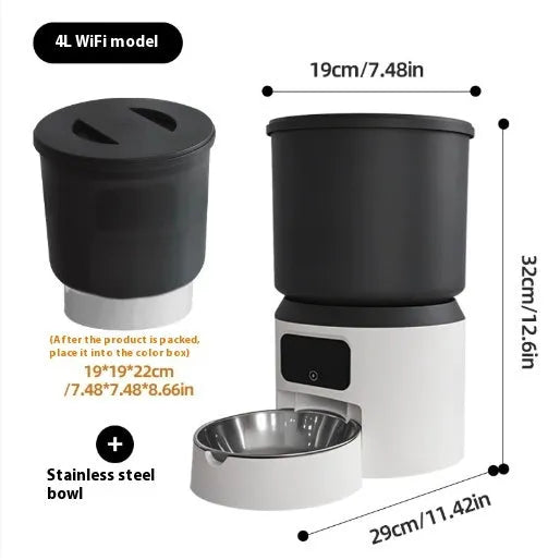 White 4L smart pet feeder with app interface on phone showing feeding schedule and pet camera view.