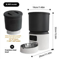 White 4L smart pet feeder with app interface on phone showing feeding schedule and pet camera view.