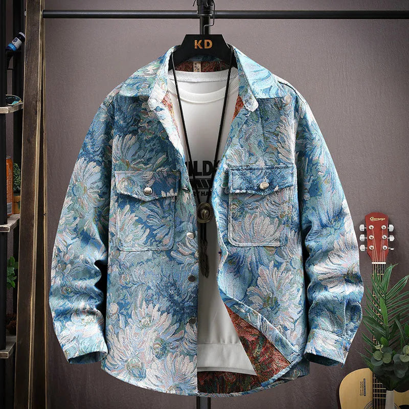 Casual lapel shirt coat in a light colour with long sleeves and straight hem, shown on a hanger.