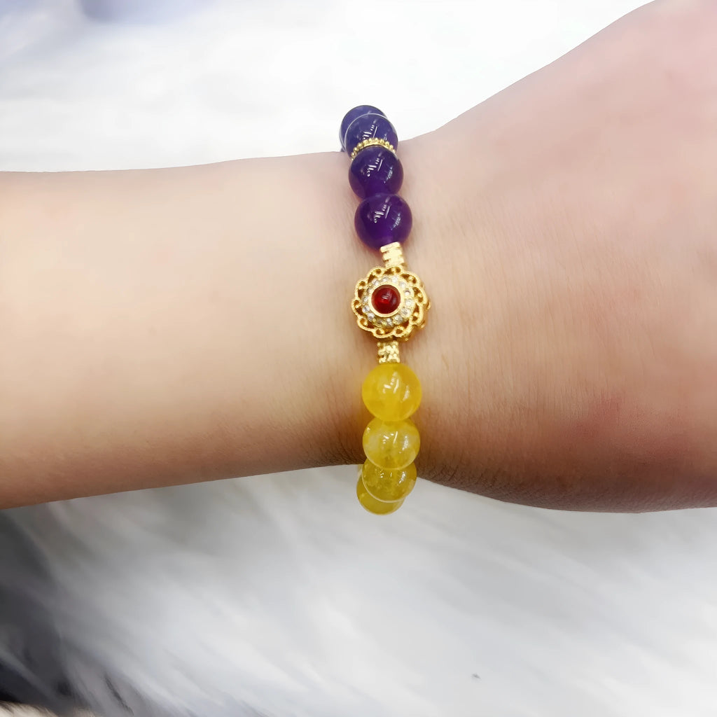 Handmade yellow and purple crystal bracelet with amethyst beads for women