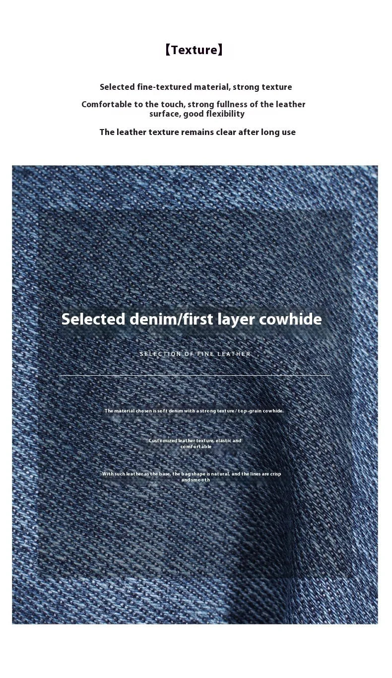 Blue denim Korean style lazy backpack with first layer cowhide trim clamshell opening