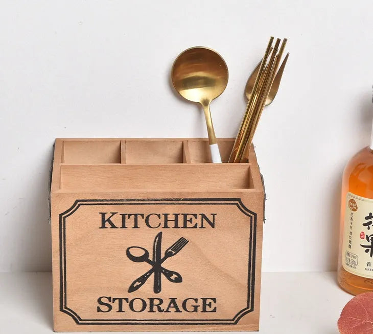 Wooden cutlery storage box with divider grid measuring 12.5cm by 12.5cm by 23cm