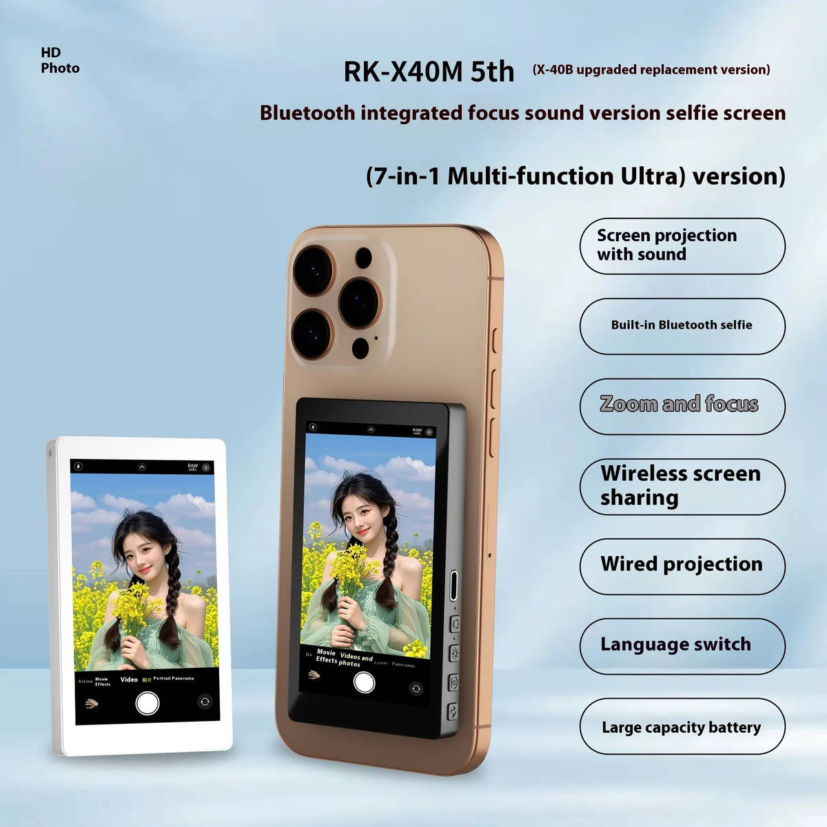 Mobile phone rear magnetic selfie display with audio zoom and screen projector, 103.48x60.98x12.5mm, black grey white