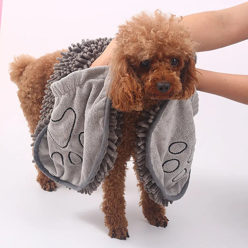 Grey chenille pet towel made from fibre for drying dogs and pets after a bath or swim