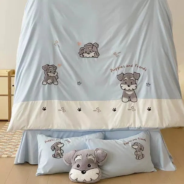 Schnauzer dog cartoon pattern bedding set with embroidery on thickened cotton fabric showing quilt cover, sheet and pillowcases