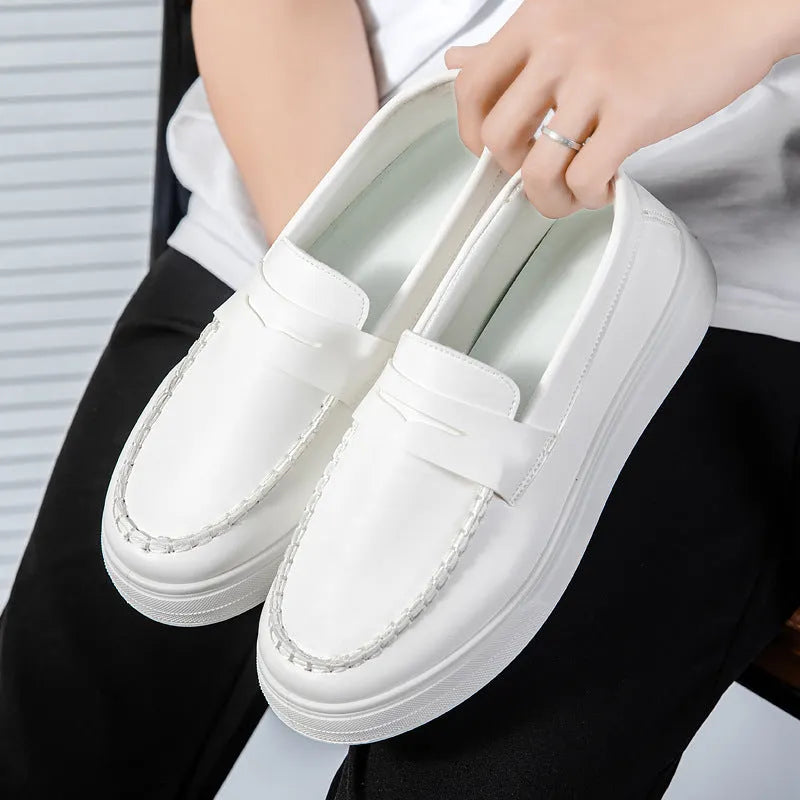 Men's round toe casual PU leather slip-on shoes in white, black and white, and khaki colours.