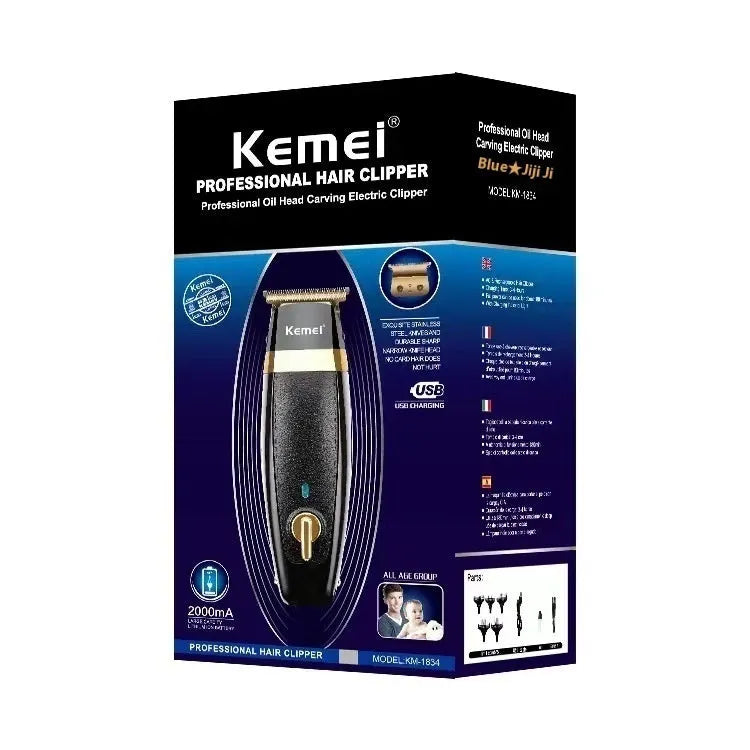 KM1834 rechargeable electric hair clipper with USB cable, lubricant, brush and five limit combs
