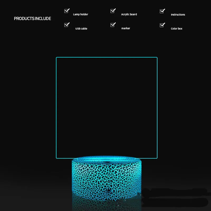 Black 3D acrylic LED night light and message board with stylus on a desktop