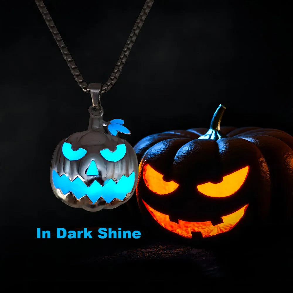 Luminous pumpkin pendant necklace with ghost face design glowing in the dark