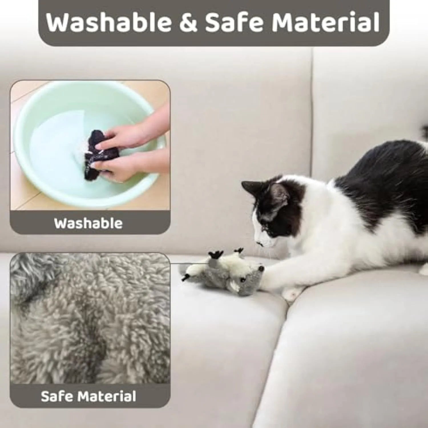 Grey flapping squirrel cat toy with electronic components for interactive feline play