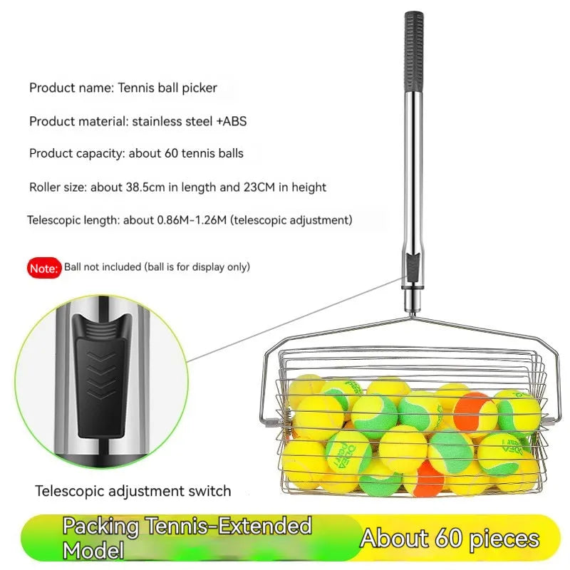 Stainless steel manual roller tennis ball picker for collecting 30 or 60 balls on court.