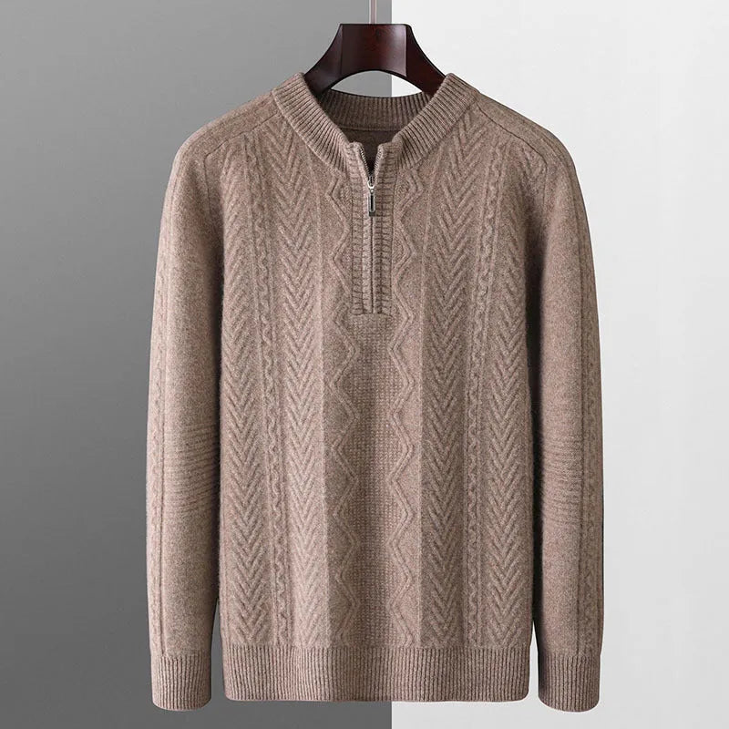 Men's grey diamond pattern half-zip wool sweater on a hanger