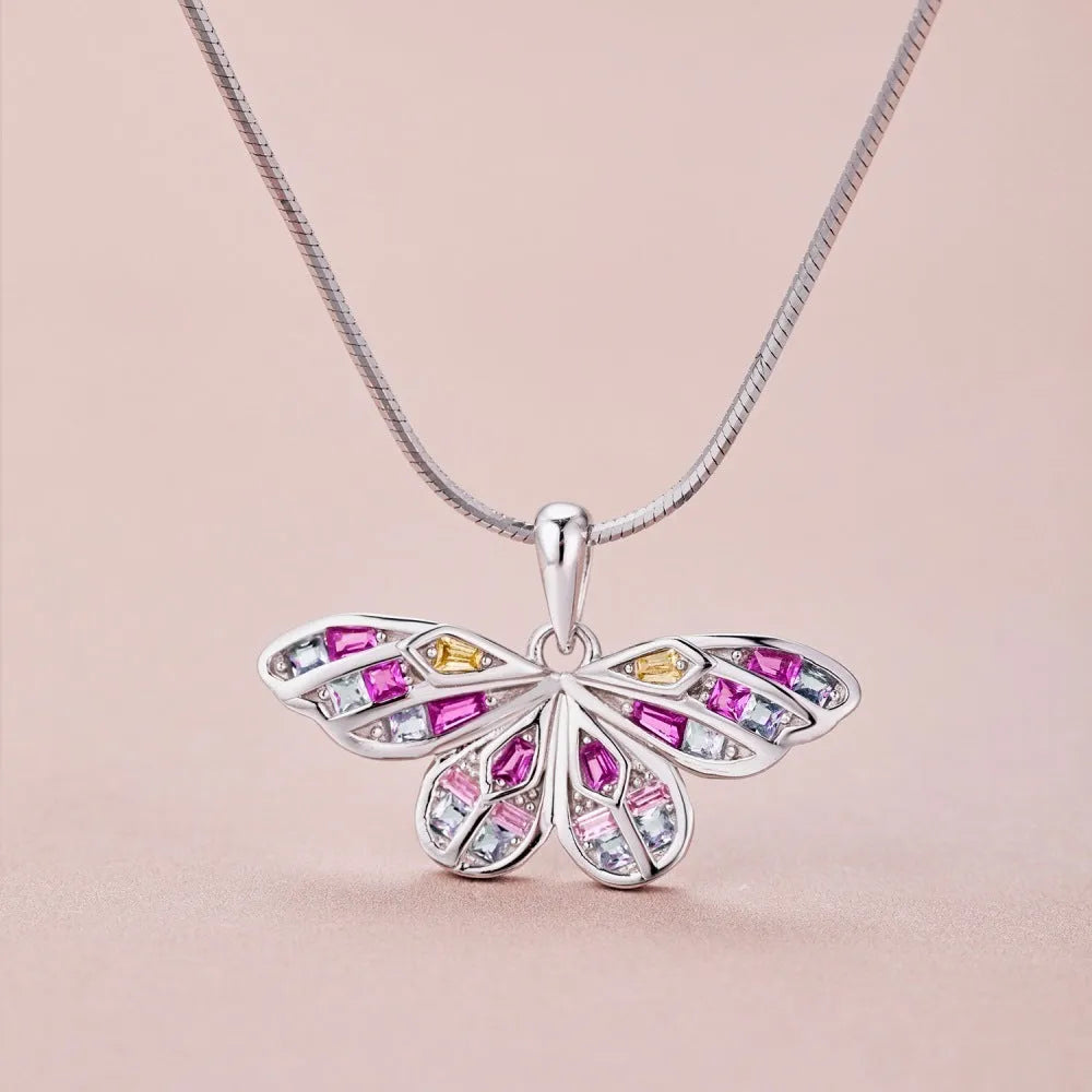 S925 sterling silver butterfly necklace with dopamine colour inlay on a snake bones chain, 41-50cm