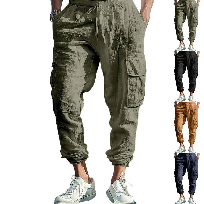 Men's linen casual trousers with ankle drawstring and multiple pockets in solid colour