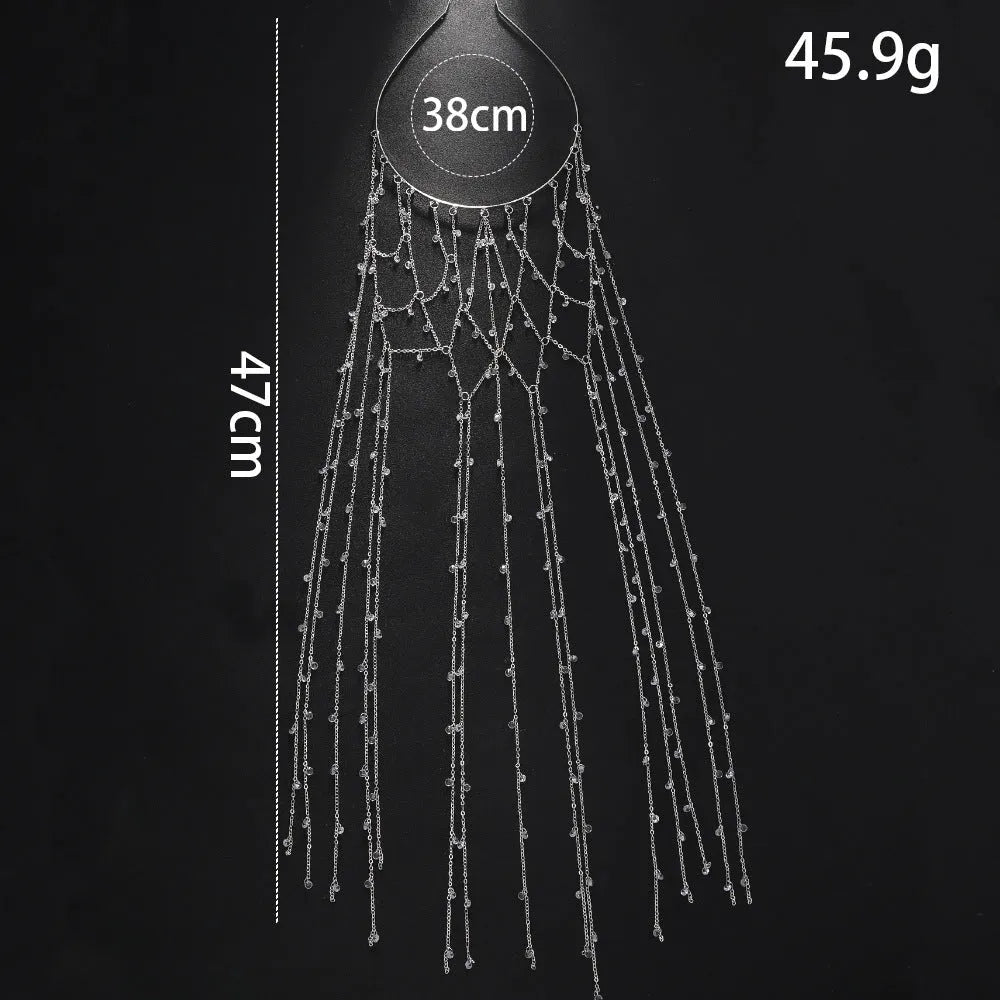 Gold mesh hair band with rhinestone decoration and tassel detail for formal hairstyles