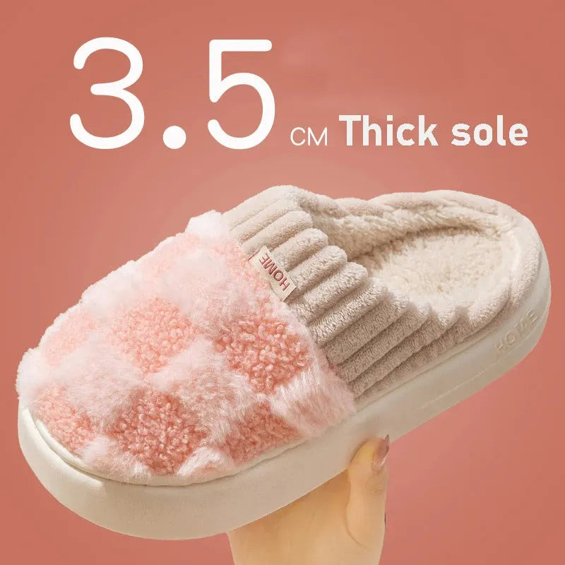 Women's plaid patterned plush slippers with a non-slip PVC sole, shown in a selection of colours including coffee, green, and pink.