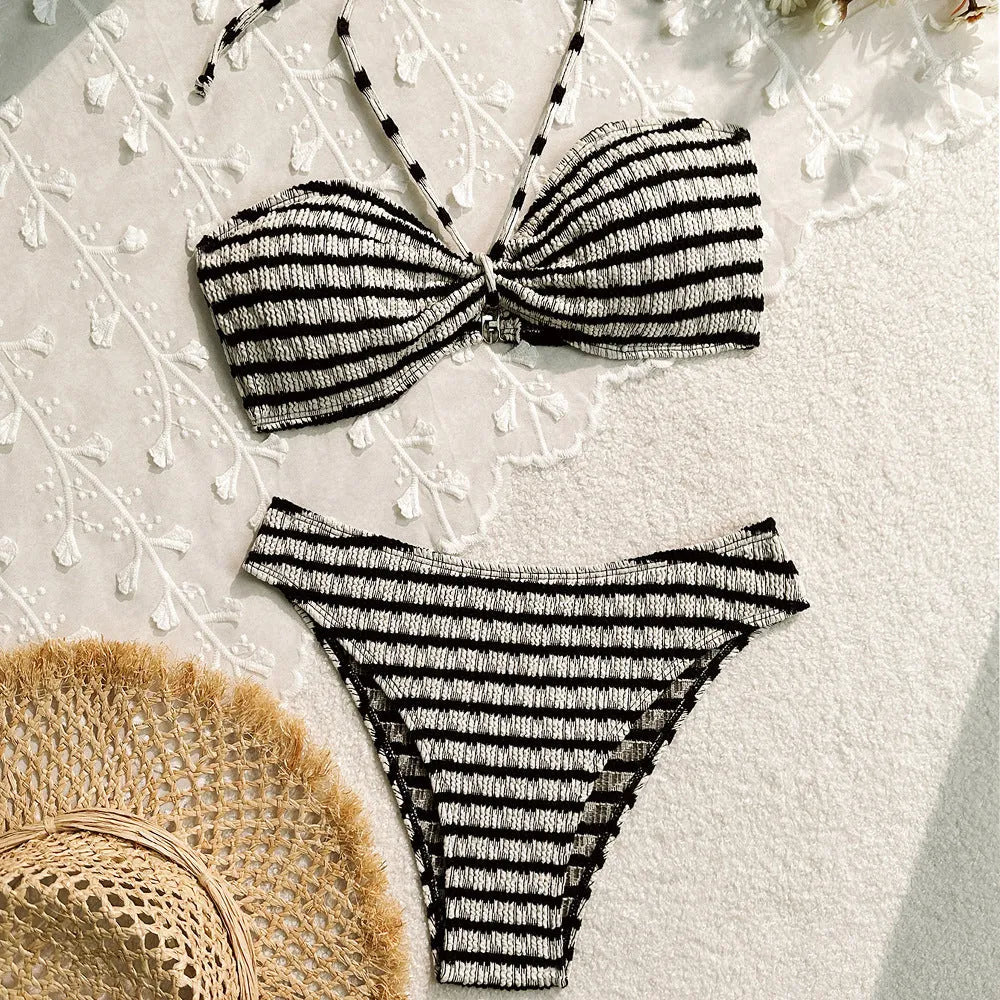 Striped two-piece bikini swimsuit for women in pink or black, briefs style, polyester, sizes S M L