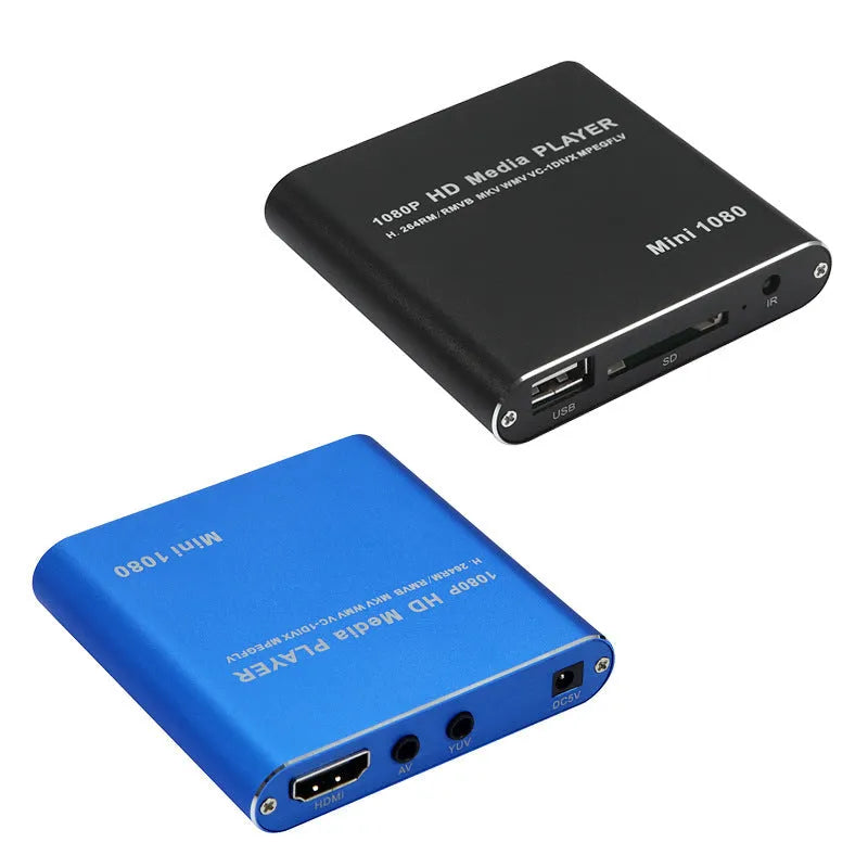 Blue and black 1080p HDMI media player for SD cards, USB drives, and external hard drives