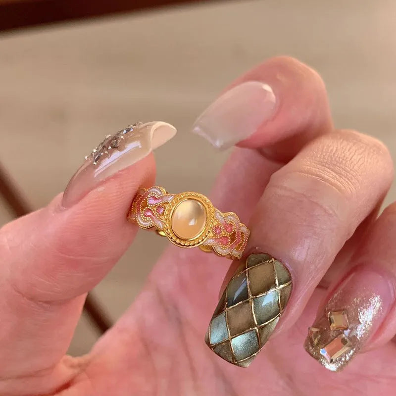 Pink crystal enamel opening ring with geometry shape on copper gold plated base