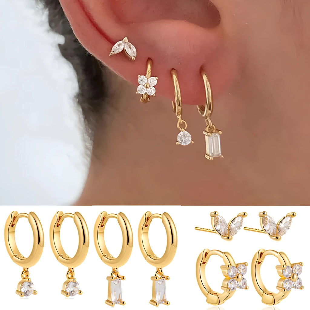 Geometric square copper earrings with zircon plating in gold or silver colour, showing star, quadrilateral, ellipse and ring shapes