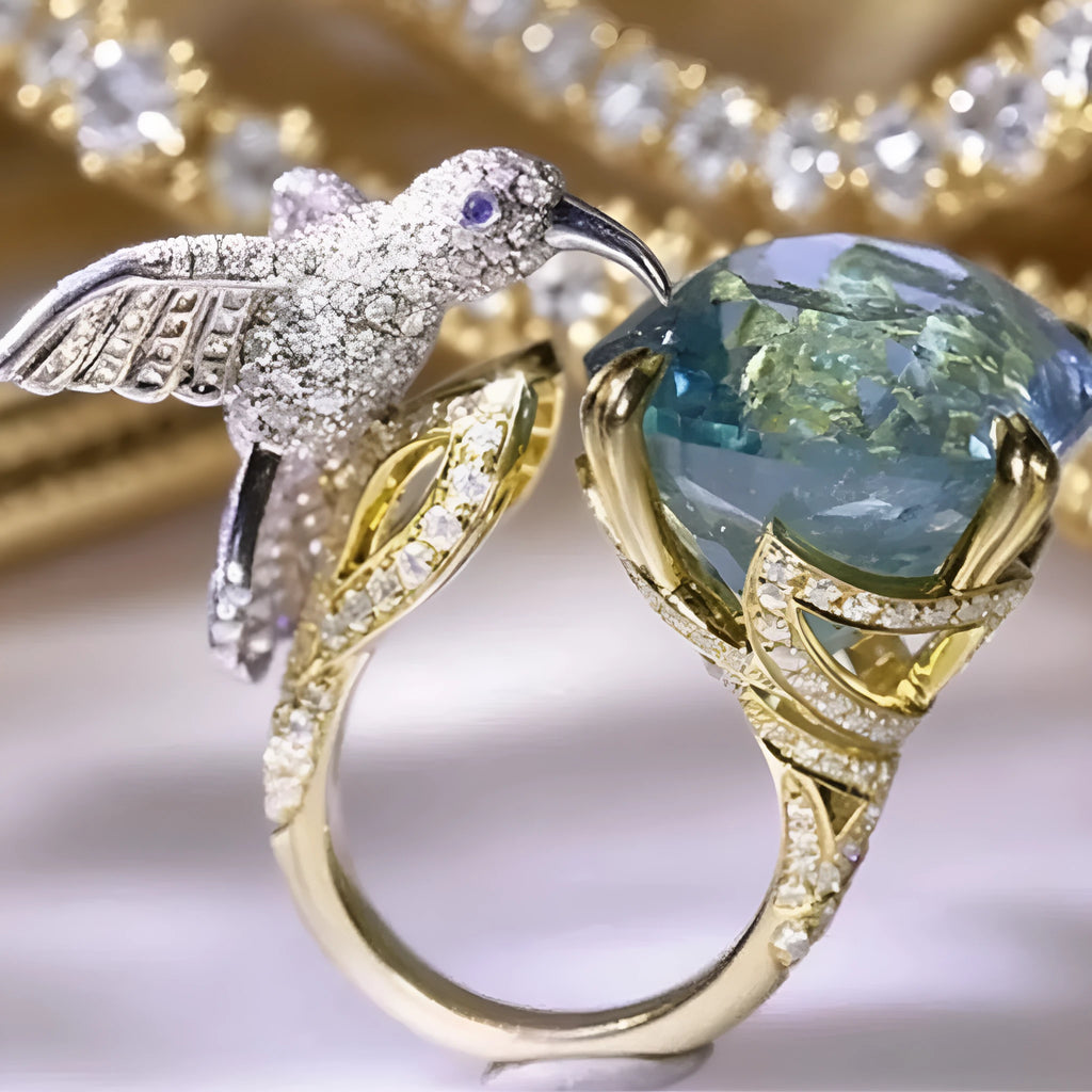 Ocean blue topaz hummingbird open ring with real gold coloured brass finish and adjustable opening.