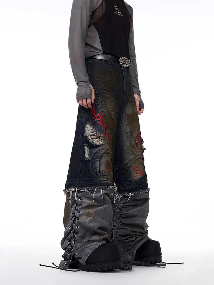 Men's wide leg jeans with detachable trouser legs in denim, shown in picture colour.