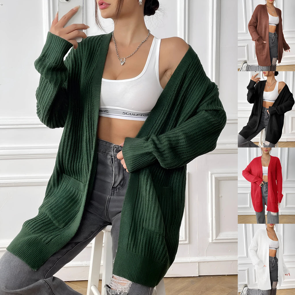 Women's dark green acrylic cardigan sweater with two pockets and long sleeves.