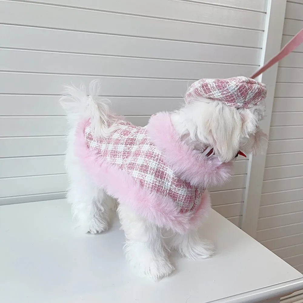 Pink cat costume set with cloak, beret and hand-holding rope