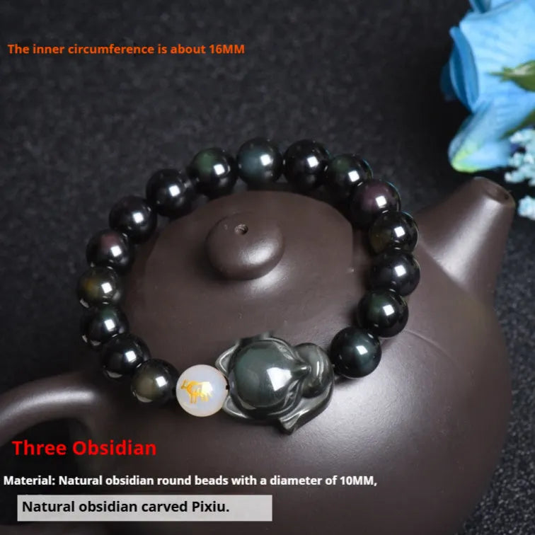 Obsidian national style bracelet with 10mm beads in three style variations