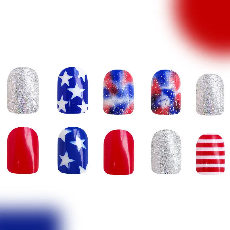 Independence Day false nails set with American star design in European square shape