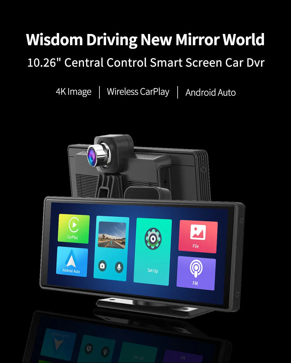 10.26-inch touch screen car dash cam with front and rear cameras for dual recording and Carplay integration