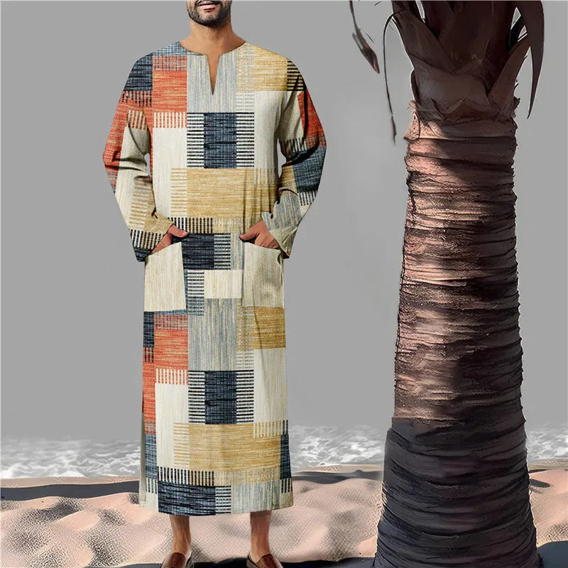 Men's loose bamboo linen robe in colour matching pattern, classic Arabic long style, sizes S to XXXL