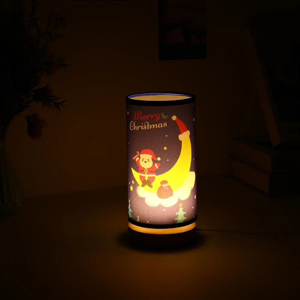 Moon Santa Claus shaped LED night light with a USB cable and bamboo lamp holder base.