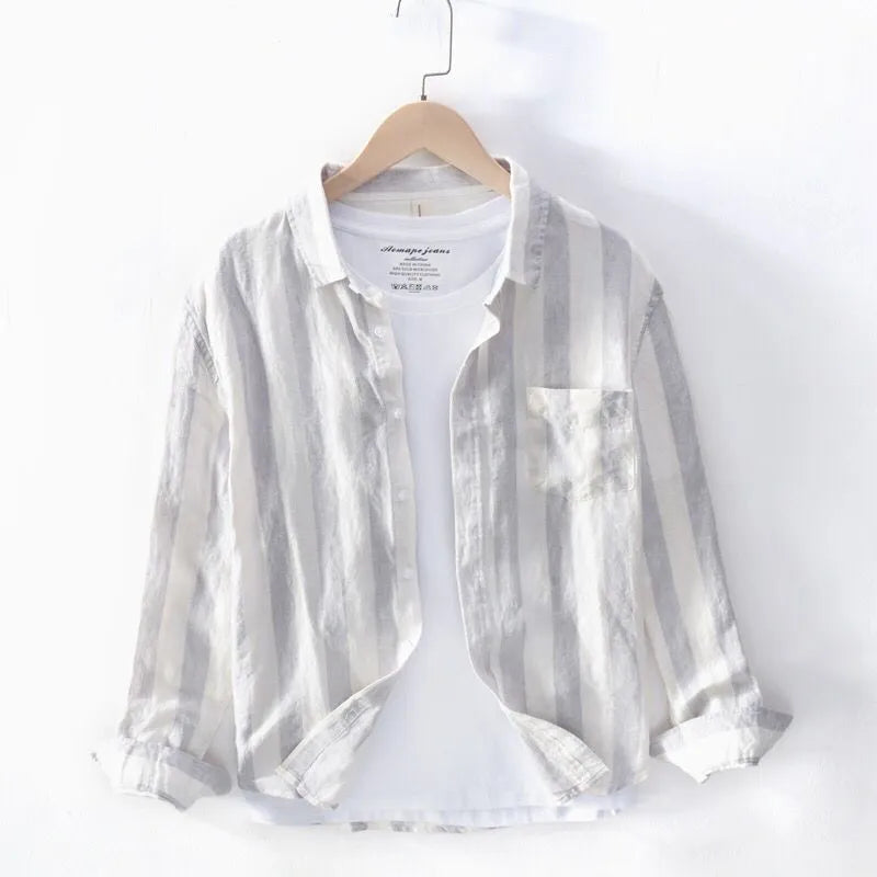 Men's blue Hong Kong style loose fit long sleeve shirt for plus size spring summer wear