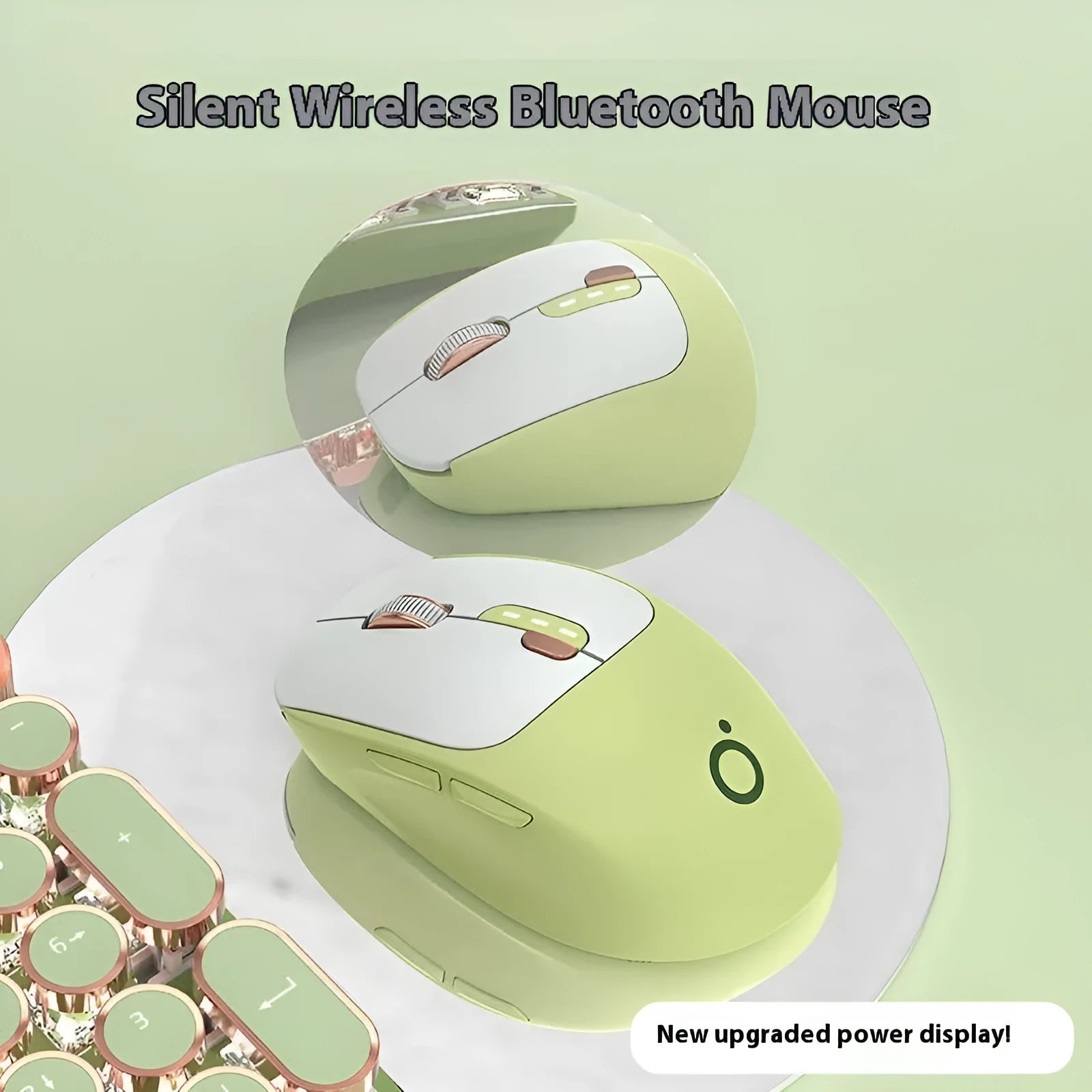 Mute wireless Bluetooth computer mouse in matcha green colour showing compact design
