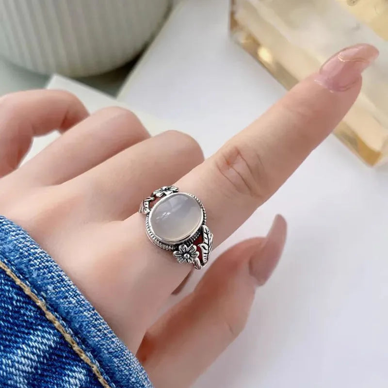 White chalcedony vintage ring with adjustable opening and antique copper finish