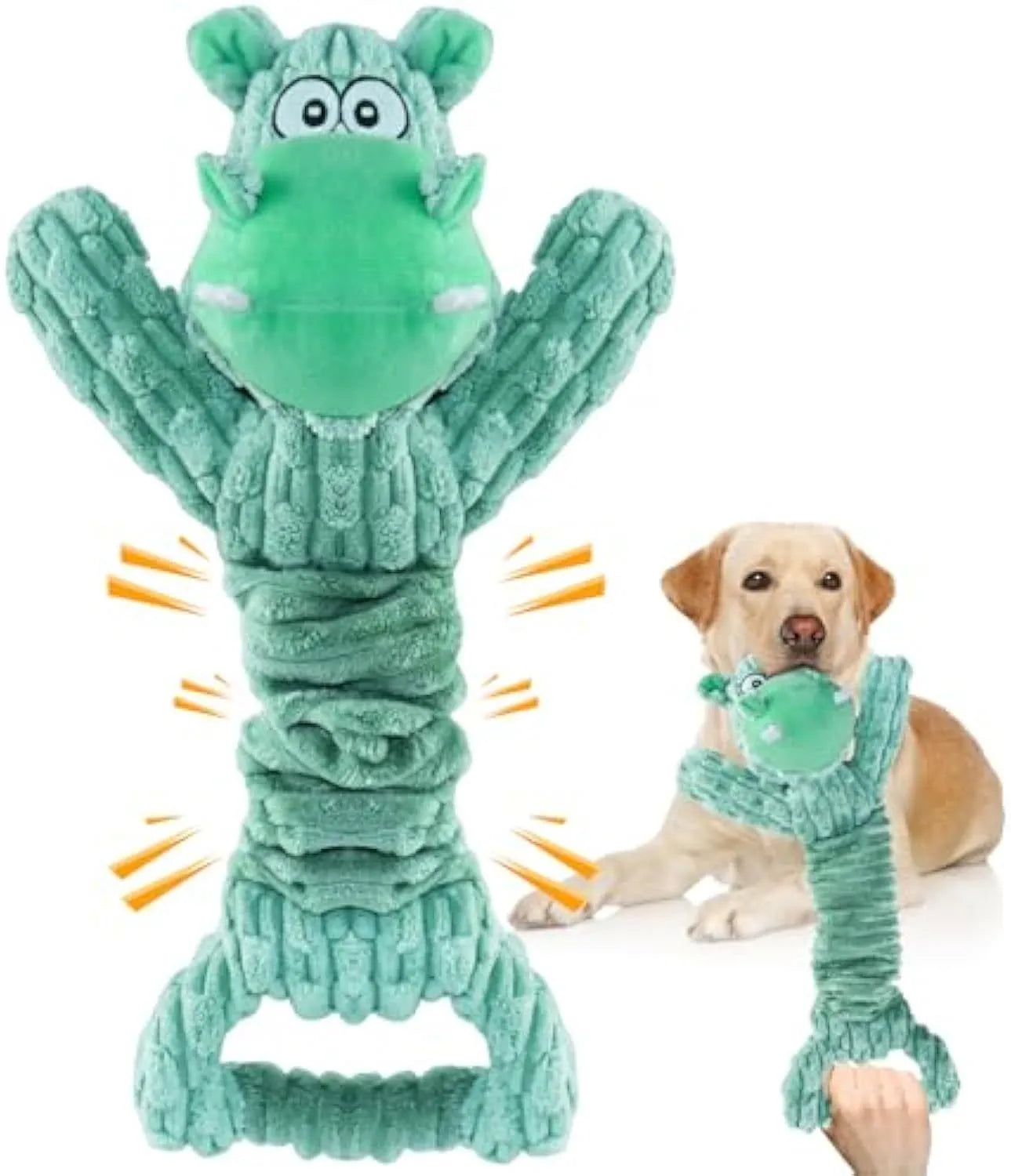 Large squeaky plush dog toy with telescopic body and handle for tug of war play