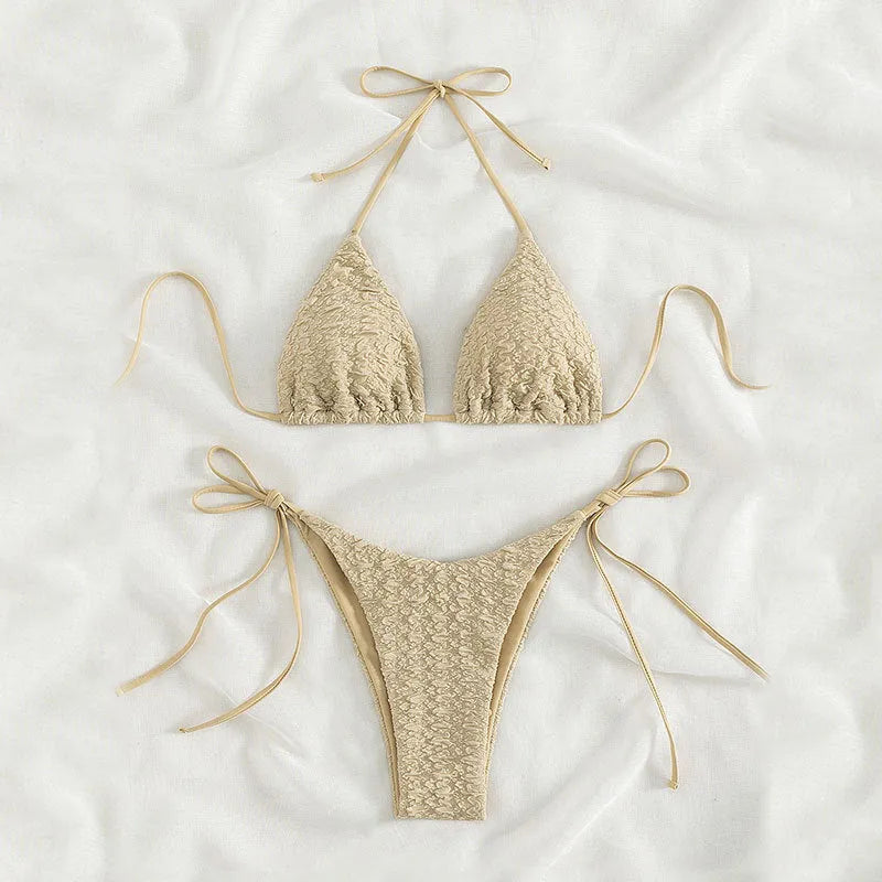 Women's high waist bikini with lace-up front top in khaki, blue, pink, or black colours