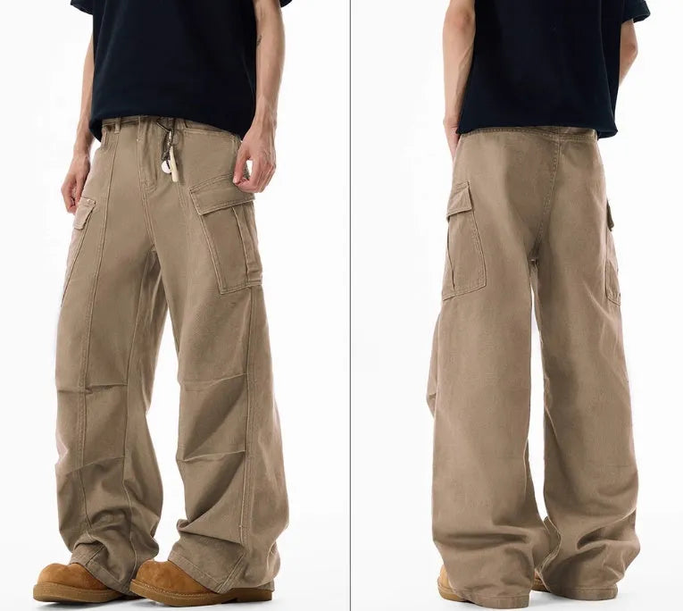 Men's wide-leg overalls in 100% cotton, loose straight mid waist multi-pocket design with zip fly, Black Blue Khaki