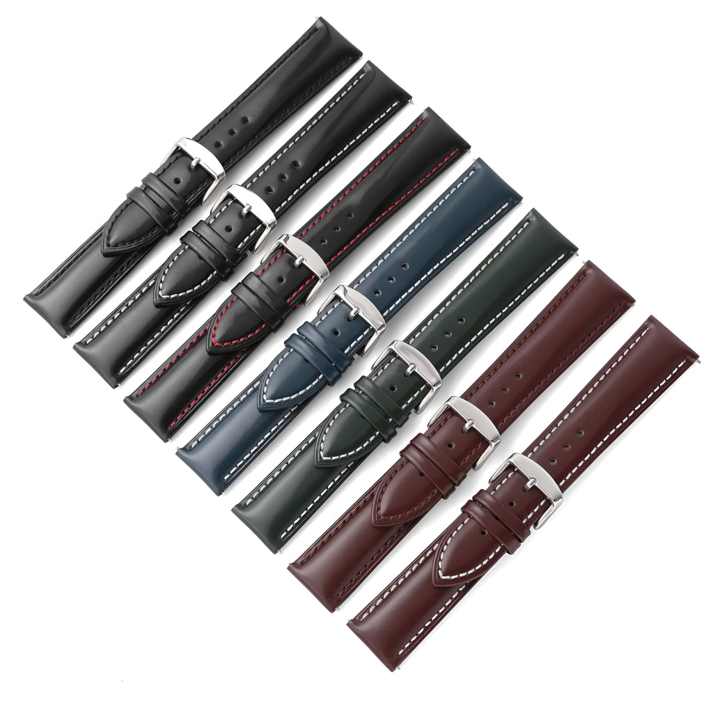 Quick release cowhide leather watch strap shown in multiple colour options including black, dark brown, and two-tone designs.
