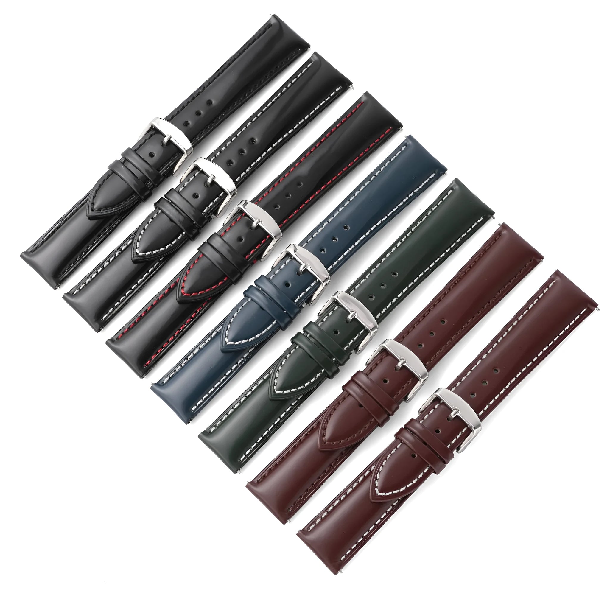 Quick release cowhide leather watch strap shown in multiple colour options including black, dark brown, and two-tone designs.