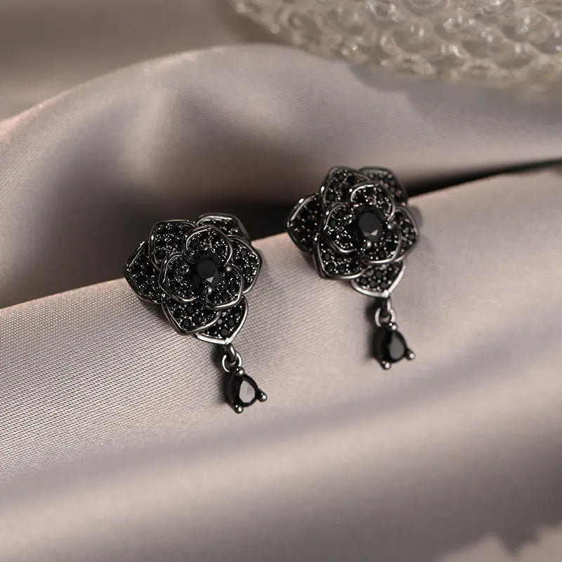 Black rose zircon stud earrings with flower shape and gold electroplated finish